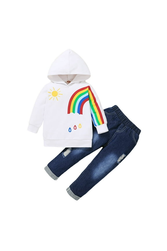 3T Baby Girl Clothes Baby Girl 2PCS Outfits Long Sleeve Hooded Tops Jeans Pants Set 2-3T Baby Girl Fall Clothes White
