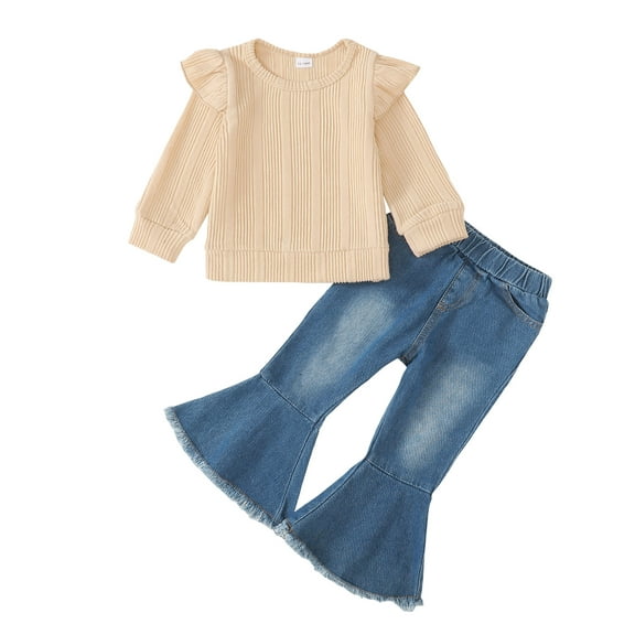3T Baby Girls Clothes 4T Girls 2PCS Denim Outfits Set Solid Color Round Neck Infant Girls Long Sleeve Top Denim Pants Set Apricot