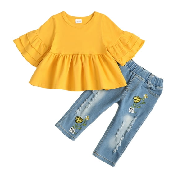 3T Baby Girls Clothes 4T Girls 2PCS Denim Outfits Set Toddler Girls Short Sleeve Top Denim Pants Set Yellow