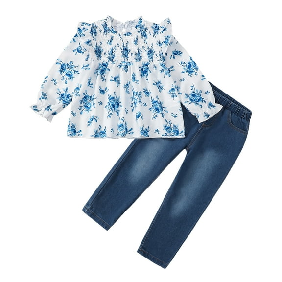 3T Baby Girls Clothes 4T Girls 2PCS Fall Winter Denim Outfits Set Toddler Girls Ruffle Long Sleeve Floral Top Denim Pants Set Blue