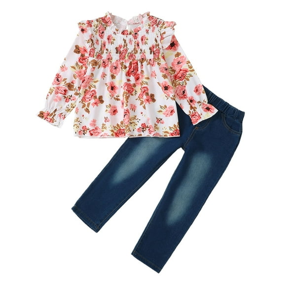 3T Baby Girls Clothes 4T Girls 2PCS Fall Winter Denim Outfits Set Toddler Girls Ruffle Long Sleeve Floral Top Denim Pants Set Pink