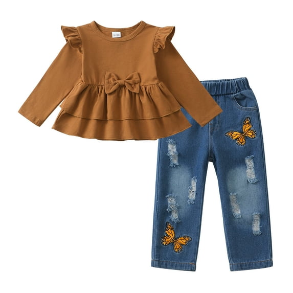 3T Baby Girls Clothes 4T Girls 2PCS Outfits Set Solid Color Toddler Girls Long Sleeve Crew Neck Top Denim Pants Set Brown