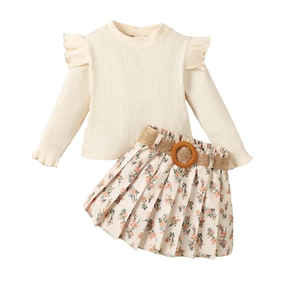 3T Baby Girls Clothes 4T Girls 2PCS Outfits Set Solid Color Toddler Girls Long Sleeve Top Skirt Set Apricot