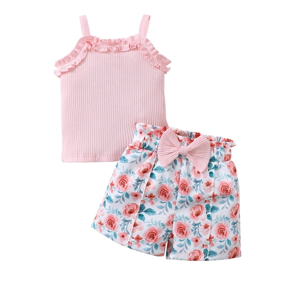 3T Baby Girls Clothes 4T Girls 2PCS Summer Outfits Set Flower Print Toddler Girls Sleeveless Top Shorts Set Light Pink