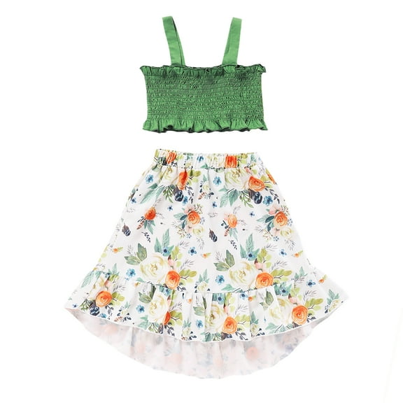 3T Baby Girls Clothes 4T Girls 2PCS Summer Outfits Set Toddler Girls Suspender Top Floral Irregular Skirt Set Green