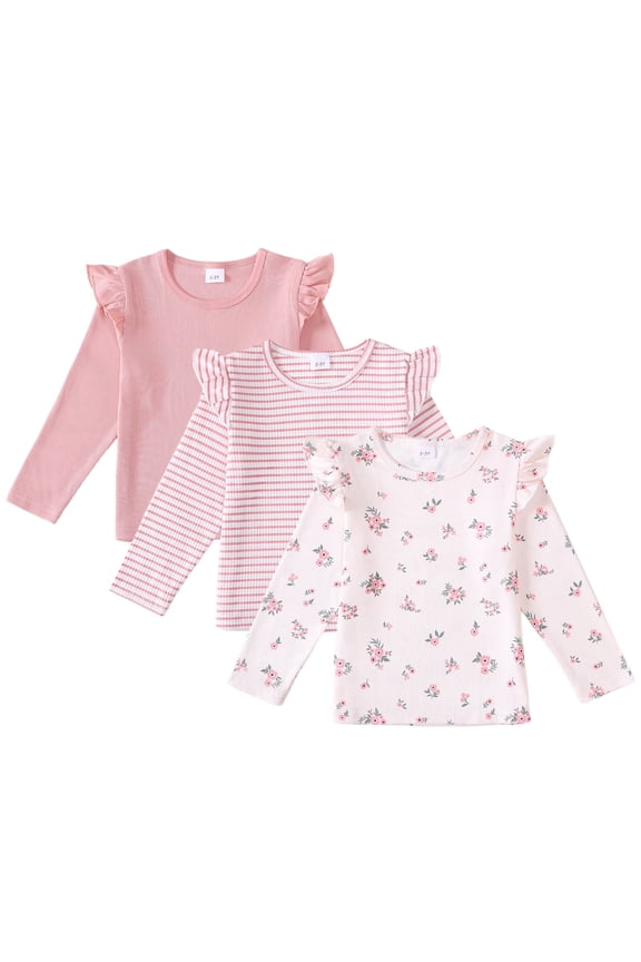 3T Baby Girls Clothes 4T Girls 3 Pack Fall Winter Shirts Toddler Girl Long Sleeve Crew Neck 3PCS T-shirts Pink