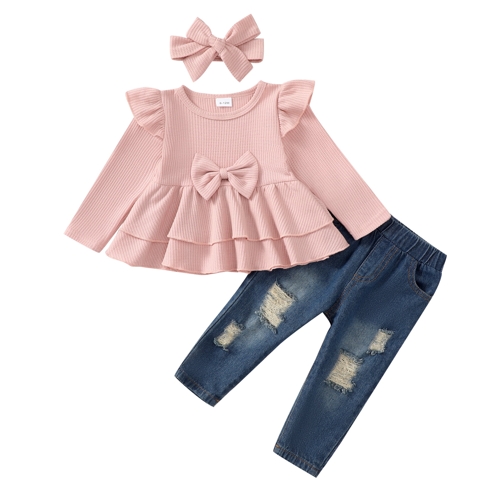 3T Baby Girls Clothes 4T Girls 3PCS Denim Outfits Set Solid Color Toddler Girls Long Sleeve Top Denim Pants Set with Headband Pink