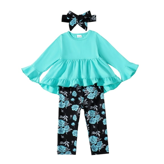 3T Baby Girls Clothes 4T Girls 3PCS Outfits Set Toddler Girls Long Sleeve Irregular Top Floral Pants with Headband Blue