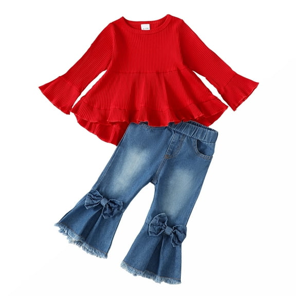 3T Baby Girls Clothes 4T Girls Denim Pant Set Outfits Set Toddler Girls Long Sleeve Irregular Solid Color Top Jeans Pants 2PCS Set Red