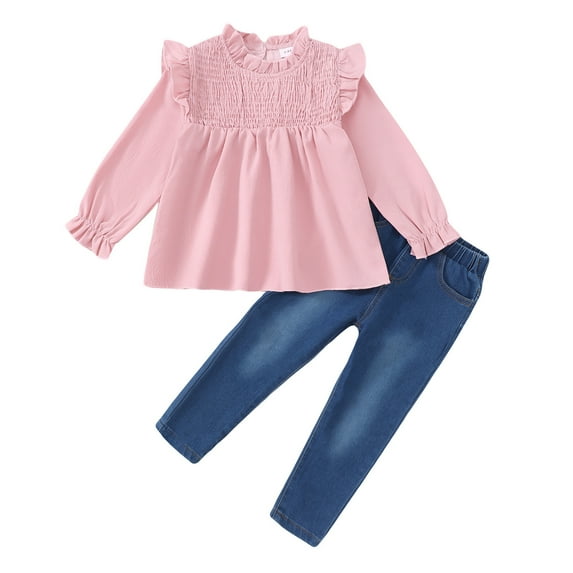 3T Baby Girls Clothes 4T Girls Denim Pant Set Outfits Set Toddler Girls Long Sleeve Solid Color Jeans Pants 2PCS Set Pink