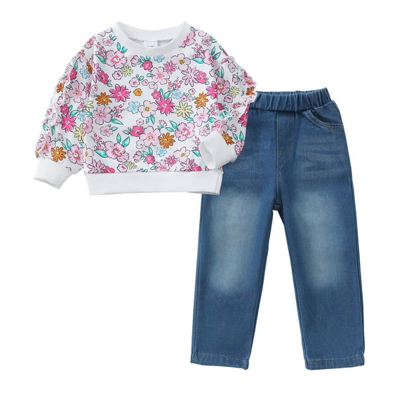 3T Baby Girls Clothes 4T Girls Fall Winter Pant Set Toddler Girls Long Sleeve Round Neckline Floral Top Jeans Pants 2PCS Outfits Set White