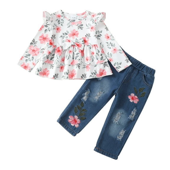 3T Baby Girls Clothes 4T Girls Fall Winter Pant Set Toddler Girls Long Sleeve Round Neckline Floral Top Jeans Pants 2PCS Outfits Set White