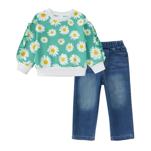 3T Baby Girls Clothes 4T Girls Fall Winter Pant Set Toddler Girls Ruffle Long Sleeve Daisy Flower Print Top Jeans Pants 2PCS Outfits Set Green