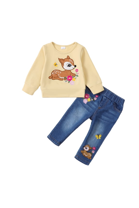 3T Baby Girls Clothes 4T Girls Pant Set Toddler Girls Long Sleeve Round Neckline Top Jeans Pants 2PCS Set Apricot