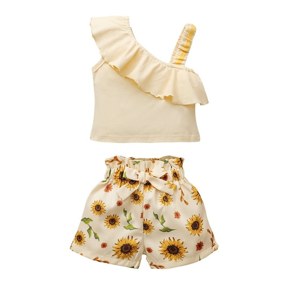 3T Baby Girls Clothes 4T Girls Summer 2PCS Outfits Set Solid Color One-shoulder Toddler Girls Sleeveless Top Shorts Set Apricot