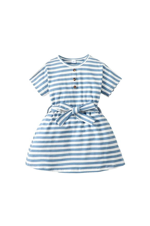 3T Baby Girls Dress 3T Girls Short Sleeve Dress Round Neck Toddler Girls Summer Stripe Dress Blue