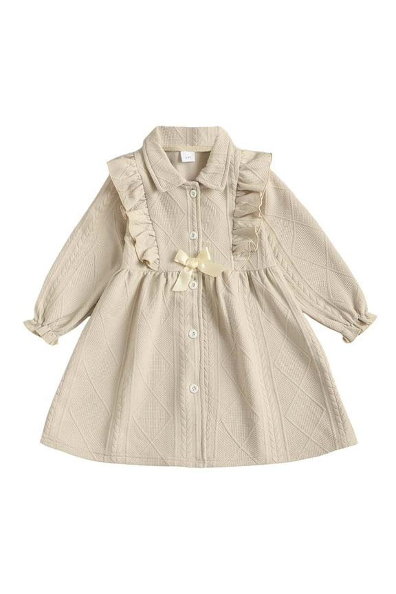 3T Baby Girls Dress 4T Girls Long Sleeve Dress Solid Color Toddler Girls Fall Winter Dress Apricot