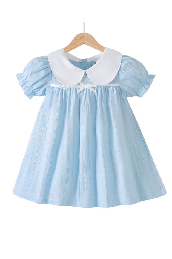3T Baby Girls Dress 4T Girls Short Sleeve Dress Peter-Pan Collar Bubble Sleeve Toddler Girls Summer Solid Color Dress Blue