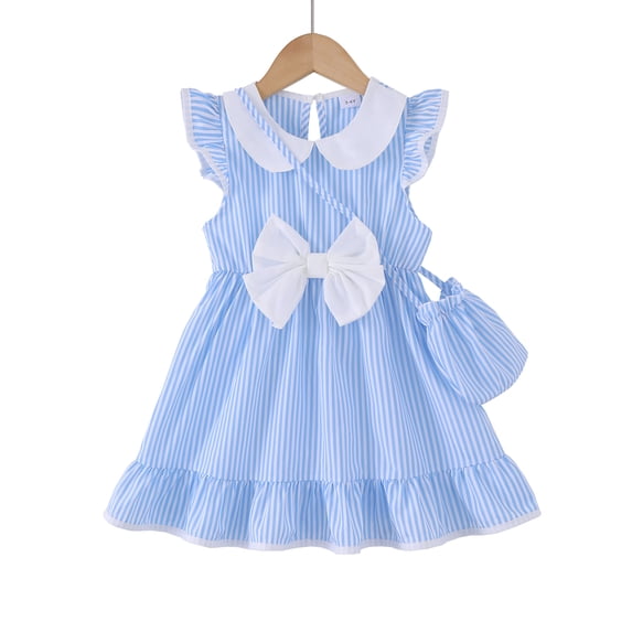 3T Baby Girls Dress 4T Girls Sleeveless Dress Doll-collar Toddler Girls Summer Stripe Dress with Cute Bag Blue