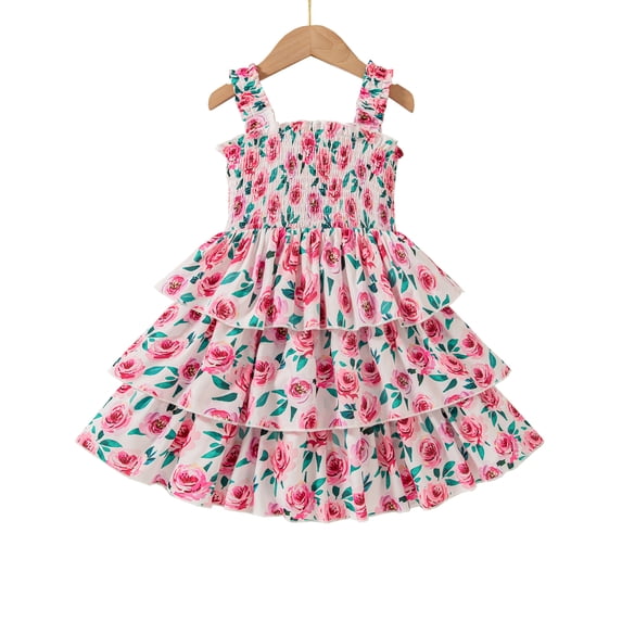 3T Baby Girls Dress 4T Girls Sleeveless Dress Flower Print Off-the-shoulder Toddler Girls Summer Layered Dress Pink