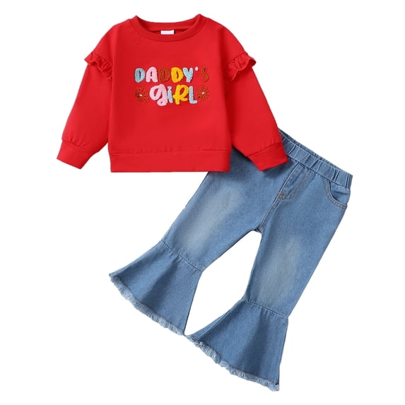 3T Baby Girls Outfits 4T Girls Fall Winter Clothes Toddler Girls Ruffle Long Sleeve Cute Top Jeans Bell-bottomed Pants 2PCS Set Red