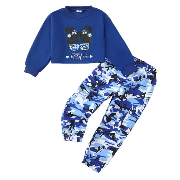 3T Baby Girls Outfits 4T Girls Pant Sets Toddler Girls Long Sleeve Letter Print Top Camouflage Pants 2PCS Set Blue