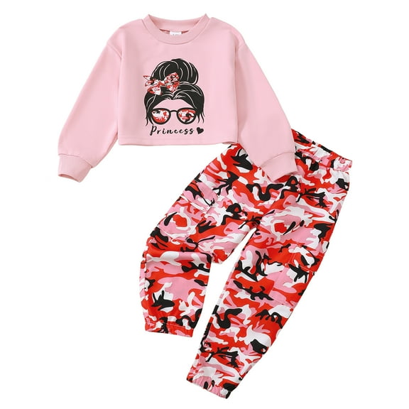 3T Baby Girls Outfits 4T Girls Pant Sets Toddler Girls Long Sleeve Letter Print Top Camouflage Pants 2PCS Set Pink