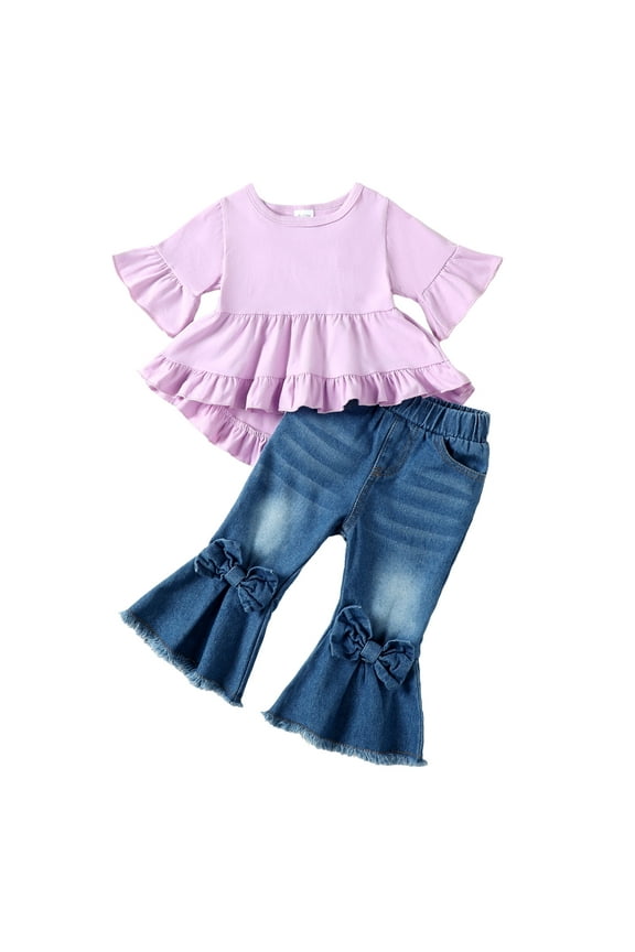3T Baby Girls Outfits 4T Girls Pant Sets Toddler Girls Short Sleeve Solid Color Top Jeans Pants 2PCS Set Purple