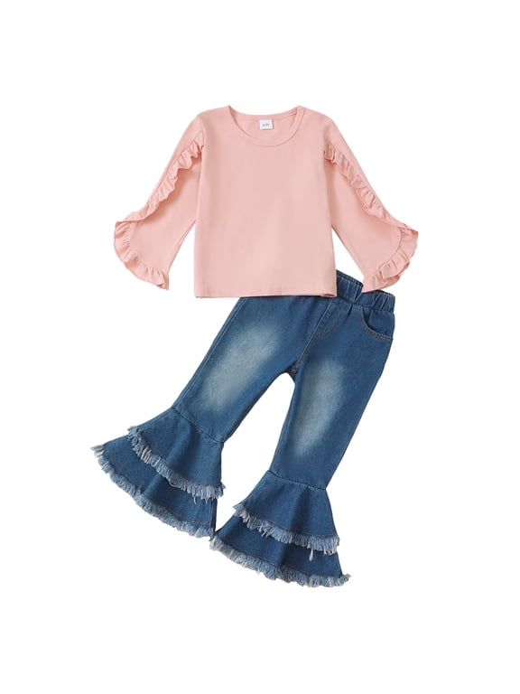 3T Baby Girls Outfits 4T Girls Solid Color Fall Winter Clothes Toddler Girls Long Sleeve Top Jeans Bell-bottomed Pants 2PCS Set Pink