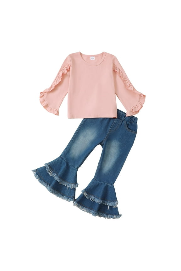 3T Baby Girls Outfits 4T Girls Solid Color Fall Winter Clothes Toddler Girls Long Sleeve Top Jeans Bell-bottomed Pants 2PCS Set Pink