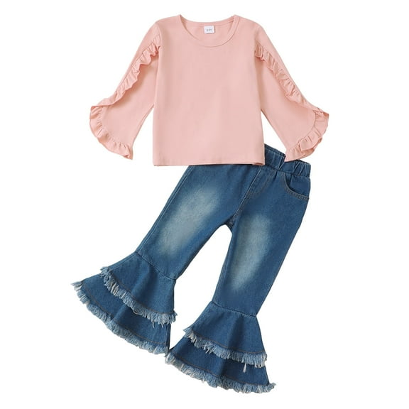 3T Baby Girls Outfits 4T Girls Solid Color Fall Winter Clothes Toddler Girls Long Sleeve Top Jeans Bell-bottomed Pants 2PCS Set Pink