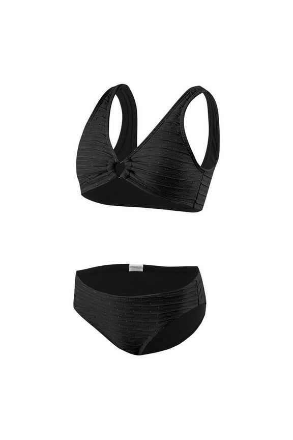 3T Bathing Suit Girl V Neck Ring Twist Solid Bathing Bikini Suit Adjustable Straps Girls 2 Piece SwimsuitBlack,11-12 Years
