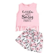 3T Girl Clothes 3-4Y Summer Outfits Baby Girls Shorts Set Pink Letter Tassel Tank Shorts Set,Sizes 2Y-7Y,Two Pieces