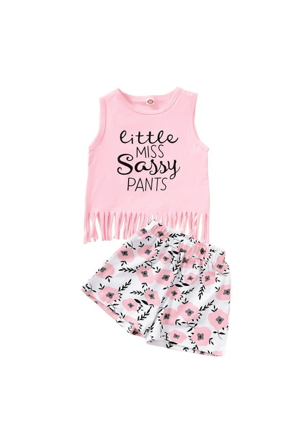3T Girl Clothes 3-4Y Summer Outfits Baby Girls Shorts Set Pink Letter Tassel Tank Shorts Set,Sizes 2Y-7Y,Two Pieces