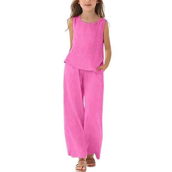 3T Girl Clothes Summer Clothes Girls Linen Matching Pants Set 2 Piece Summer Outfit Baggy Flowy Palazzo Pants and Backless Cami Top Sets Teen Casual Clothes