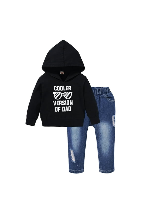 3T Toddler Baby Boys Clothes Baby Boys Outfits 3-4T Boys Long Sleeve Letter Print Hooded Top Jeans Pants 2PCS Set Black
