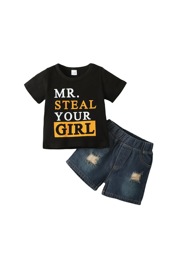 3T Toddler Baby Boys Clothes Baby Boys Outfits 3-4T Boys Short Sleeve Letter Print Top Ripped Denim Shorts 2PCS Boys Summer Clothing Set Black