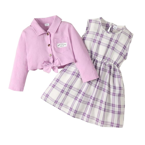 3T Toddler Baby Girls Clothes Baby Girls Outfits 3-4T Baby Girls Long Sleeve Lapel Top Plaid Sleeveless Dress 2PCS Set Purple