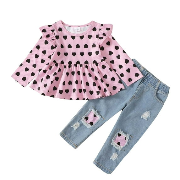 3T Toddler Baby Girls Clothes Baby Girls Outfits 3-4T Girls Long Sleeve Heart Print Top Jeans Pants 2PCS Set Pink