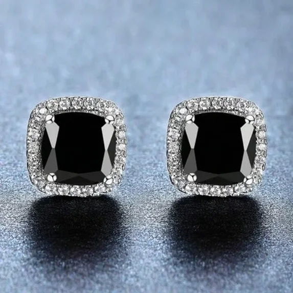 3TCW Cushion Cut Square Lab Created Black Diamond Men Women Earrings 14K White Gold Plated