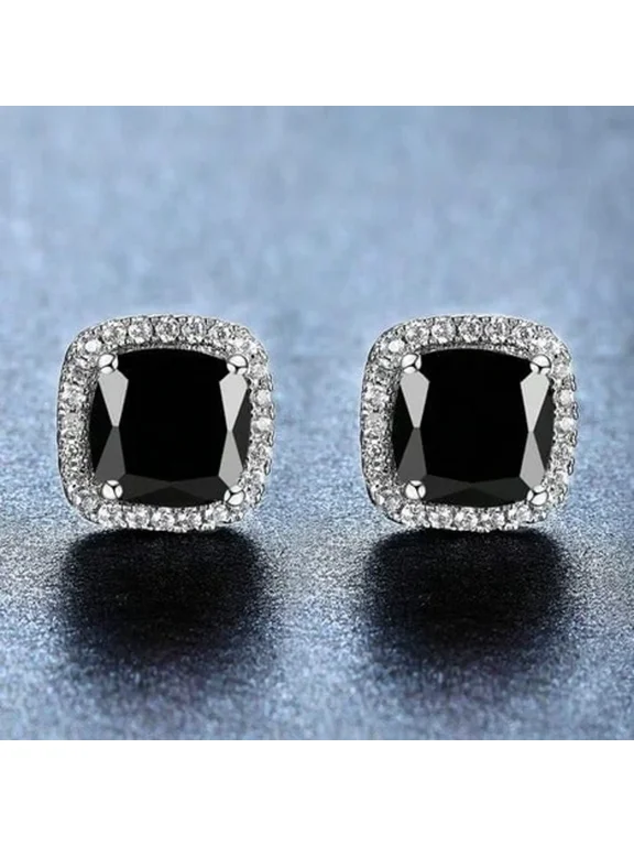 3TCW Cushion Cut Square Lab Created Black Diamond Men Women Earrings 14K White Gold Plated