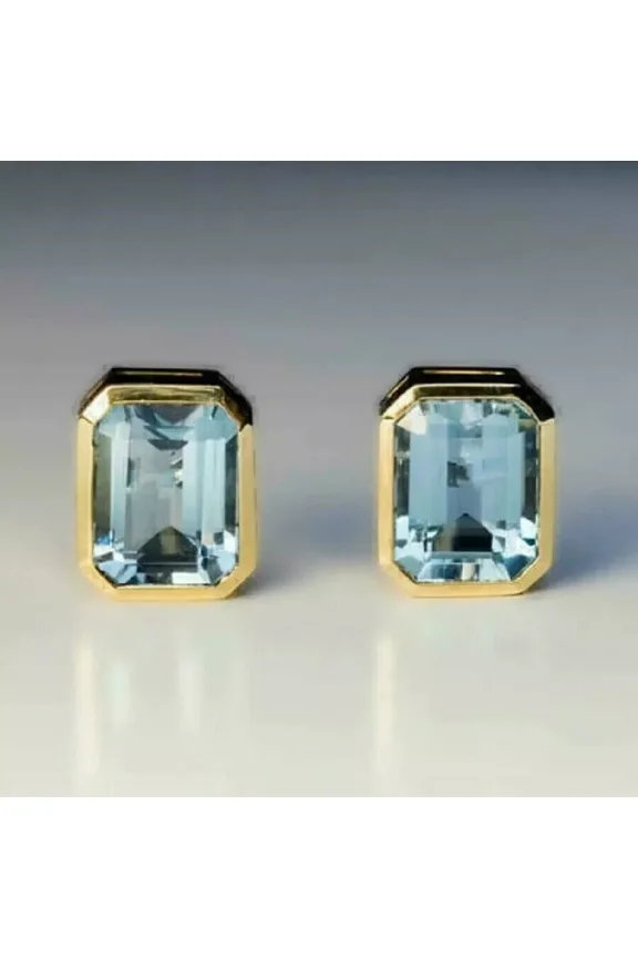 3TCW Emerald Cut Lab Created Aquamarine Bezel Set Stud Earrings 14K Yellow Gold Plated