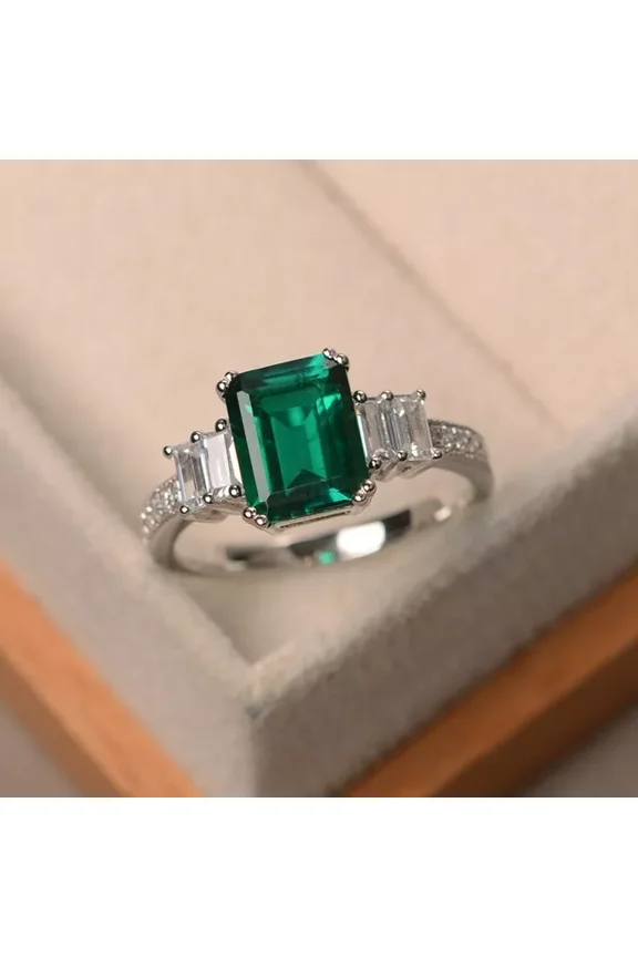 3TCW Emerald Cut Lab Created Emerald & Diamond Engagement Ring in 14K White Gold Plated