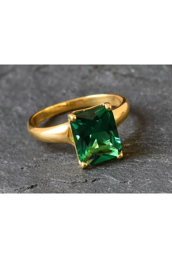 3TCW Emerald Cut Lab Created Green Emerald Women's Solitaire Engagement Ring in 14k Yellow Gold Plated