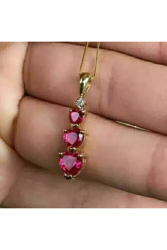 3TCW Heart Cut Lab Created Red Ruby Pendant Necklace in 14K Yellow Gold Plated