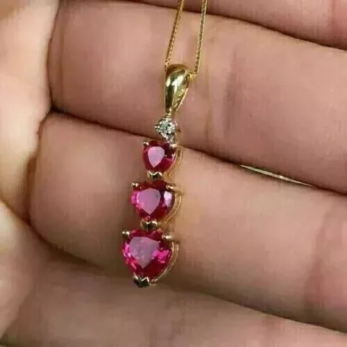3TCW Heart Cut Lab Created Red Ruby Pendant Necklace in 14K Yellow Gold Plated