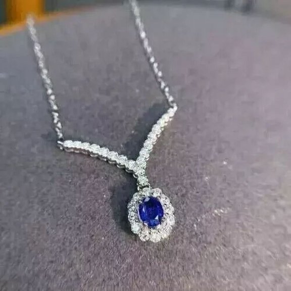 3TCW Oval Cut Lab Created Blue Sapphire Women's Pendant Necklace In 14k White Gold Plated