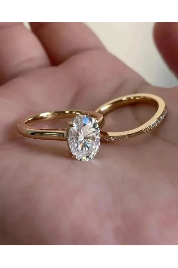 3TCW Oval Cut Lab Created Diamond Bridal Set Wedding Ring Set 14K Yellow Gold Plated