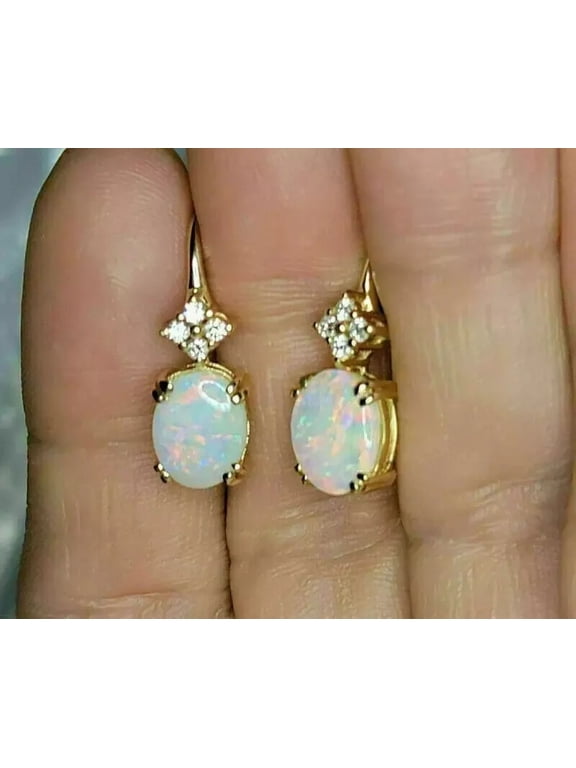 3TCW Oval Cut Lab Created Fire Opal & Diamond Drop Dangle Earrings 14k Yellow Gold Plated