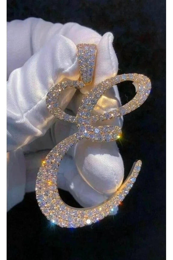 3TCW Round Cut Lab Created Diamond Initial Letter "E" Pendant 14K Yellow Gold Plated 2 inches